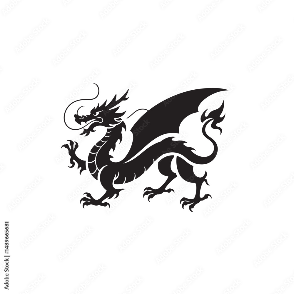Fototapeta premium Black Dragon Silhouette – Fantasy Creature Illustration