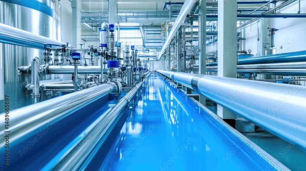 Fototapeta premium Industrial plant pipes, process, facility, blue floor, manufacturing