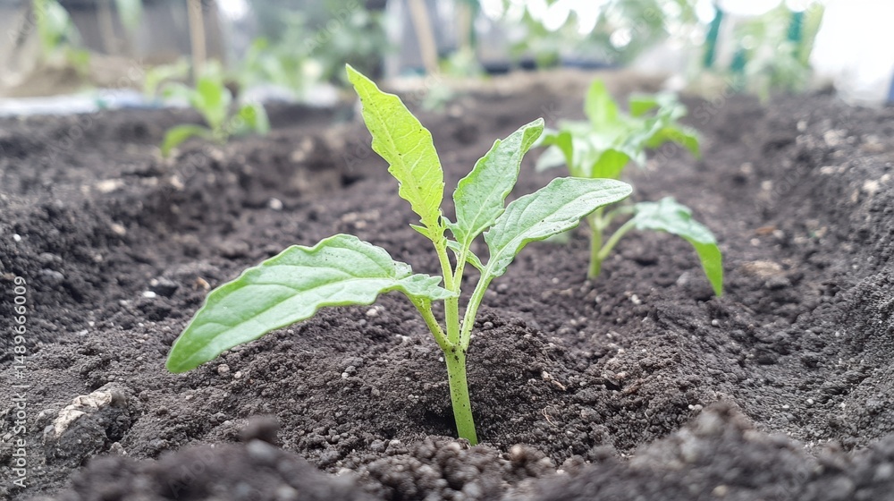 Small green seedlings are starting to grow in rich, dark soil in a garden setting, indicating the arrival of spring and new life Small green seedlings are starting to grow in rich, dark soil in a garden setting, indicating the arrival of spring and new life