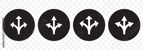 Trafic way icon isolated Road arrow Stencil vector stock illustration. Three way direction arrow choice path decision making navigation route options diverging point concept icon Set. EPS 10