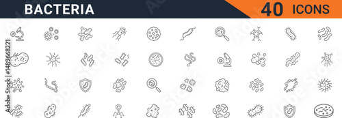 Bacteria Icon Set in Minimal Line Style Featuring Virus, Microorganism, Petri Dish, Microscope, Germs, Pathogens, and Microbiology Elements for Medical and Science Use