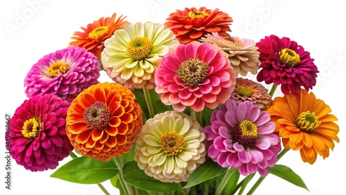 A vibrant and colorful bouquet of Zinnia flowers isolated on white