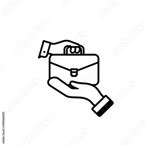 Icon of a hand offering a briefcase, symbolizing entrusting responsibility or a long-term business commitment based on loyalty.