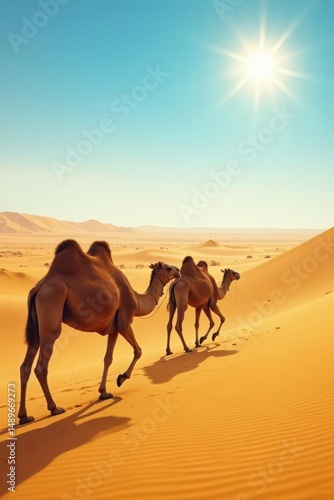 Fototapeta Naklejka Na Ścianę i Meble -  A caravan of three camels traversing the sun-drenched, undulating dunes of a vast desert landscape under a brilliant, clear sky