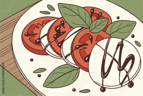 28 tomatoes, fresh basil leaves, drizzled balsamic glaze, high contrast, sharp focus, professional food photography, appetizing, exquisite plating, mouthwatering, close-up, rustic background