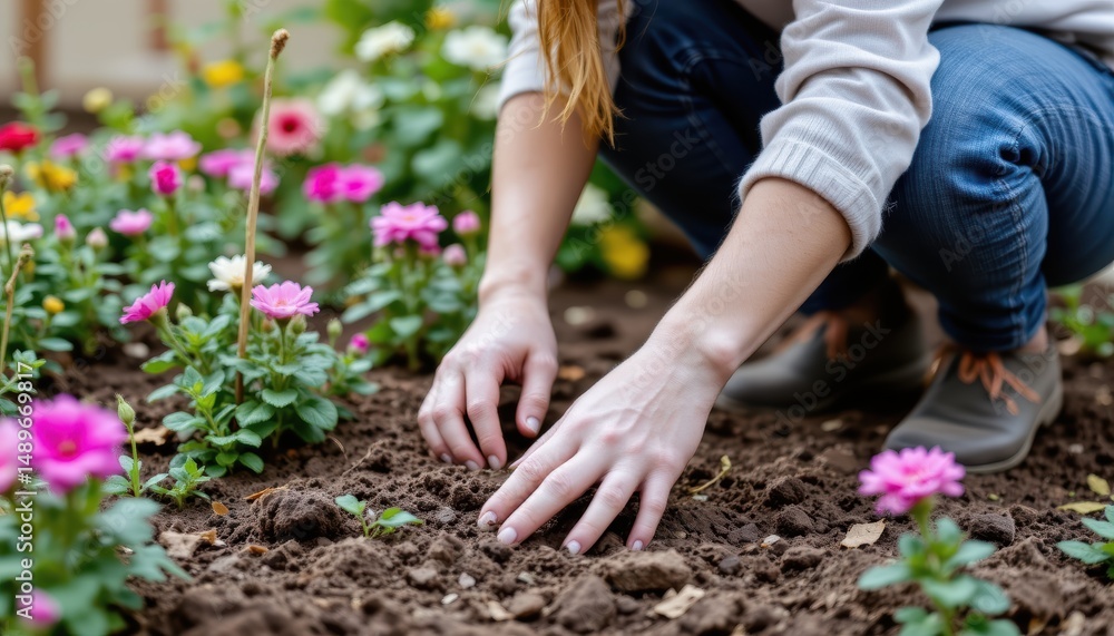 Woman Planting Colorful Flowers in Garden Bed on a Sunny Spring Day with Soil and Greenery Woman Planting Colorful Flowers in Garden Bed on a Sunny Spring Day with Soil and Greenery