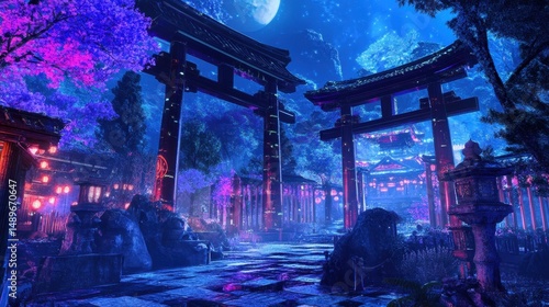 Fantasy Japanese shrine at night with neon-lit torii gates, glowing lanterns and magical atmosphere, vibrant Unreal Engine render in concept art style
