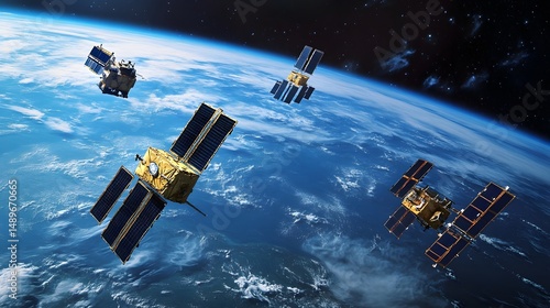 Fototapeta Naklejka Na Ścianę i Meble -  A stunning view of multiple satellites orbiting Earth, showcasing advancements in space technology and communication systems in a vibrant blue atmosphere.