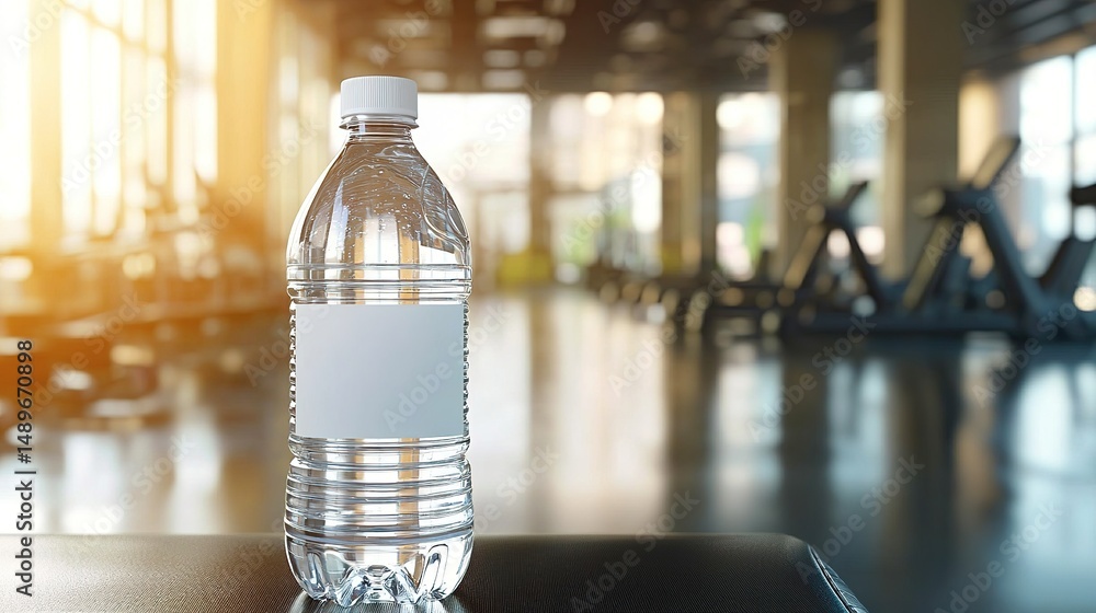 Clear plastic water bottle in a modern gym. Clear plastic water bottle in a modern gym.