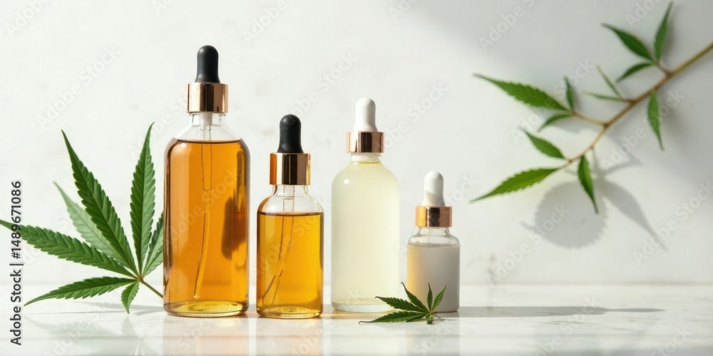 Aromatic Herbal Extracts in Elegant Glass Bottles with Fresh Green Leaves on a Marble Surface Aromatic Herbal Extracts in Elegant Glass Bottles with Fresh Green Leaves on a Marble Surface