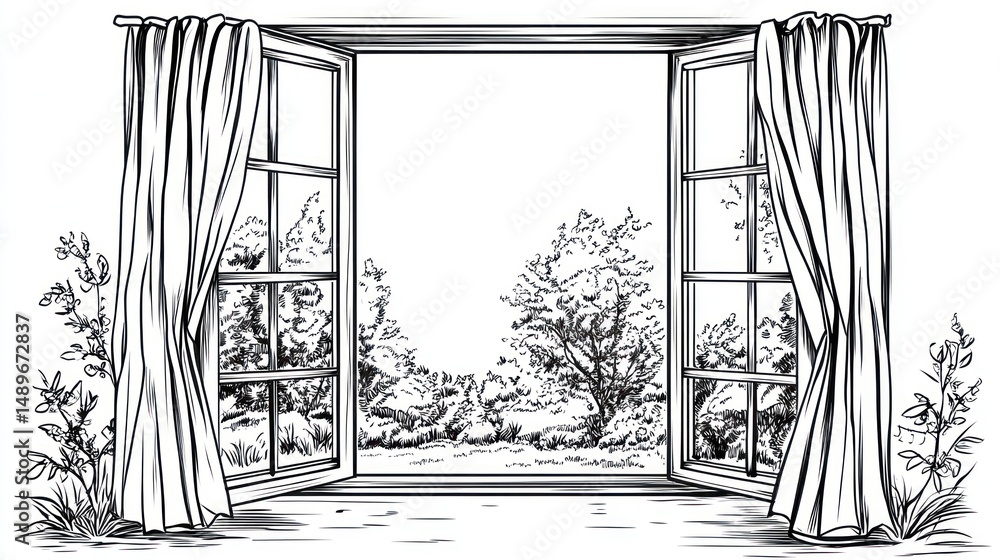Fototapeta premium Open window, garden view, curtains, nature, home design