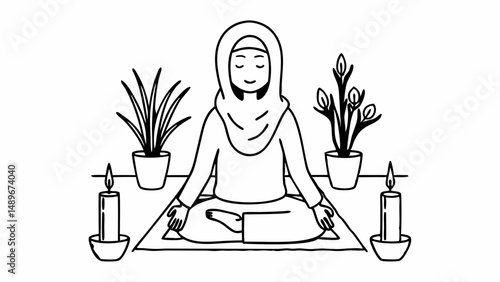 Woman in hijab meditating with plants and candles in a peaceful and serene line art illustration created with generated ai