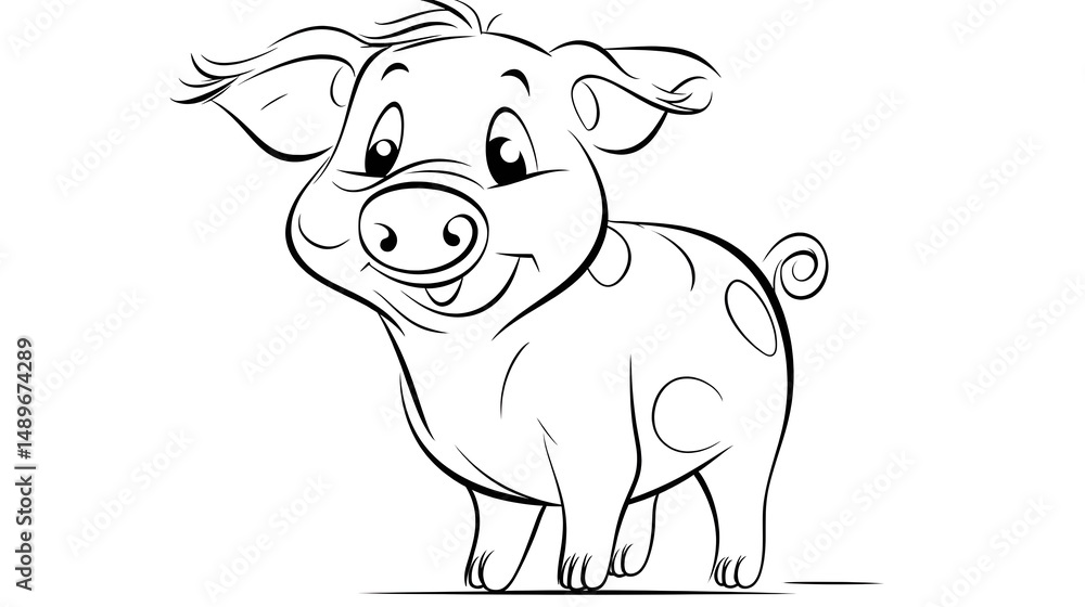 9. Happy cartoon piglet with a curly tail and chubby cheeks, outlined in bold black lines on a white background with no shading 9. Happy cartoon piglet with a curly tail and chubby cheeks, outlined in bold black lines on a white background with no shading