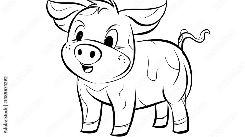 Fototapeta premium 9. Happy cartoon piglet with a curly tail and chubby cheeks, outlined in bold black lines on a white background with no shading