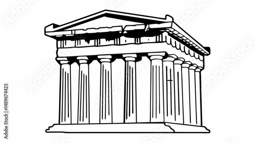 Illustration of a classical greek temple with columns and triangular pediment facade in black and white created with generated ai