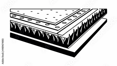 Illustration of a multi layered structure with perforations and grass like elements in black and white created with generated ai