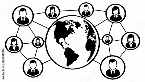 Global network of people connected around the world with lines connecting each person together in black created with generated ai