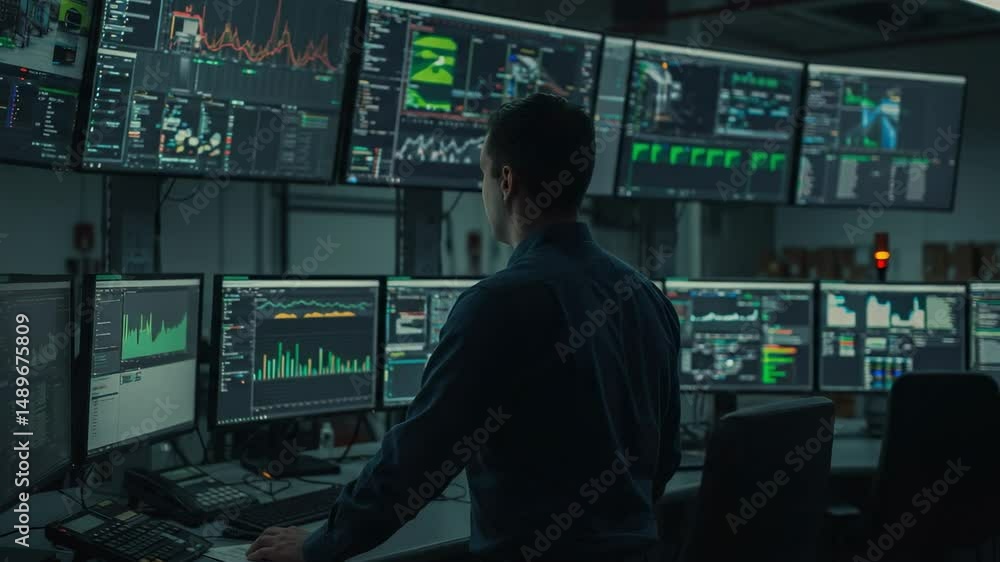 A Middle-Aged Male Analyst Observing Multiple Screens in a High-Tech Financial Control Room, Analyzing Data Trends and Market Analytics A Middle-Aged Male Analyst Observing Multiple Screens in a High-Tech Financial Control Room, Analyzing Data Trends and Market Analytics