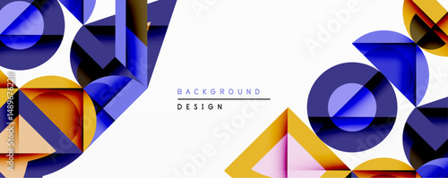Abstract geometric composition. Overlapping shapes create dynamic visual effect. Blue, orange, pink hues dominate design. Modern background suitable for various projects.