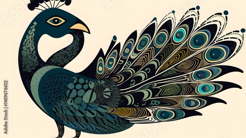 51. Cartoon peacock with spread tail feathers, drawn in simplified shapes and bold black outlines with no shading