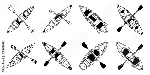 Black kayak silhouette top view with paddle for adventure and sport icon design