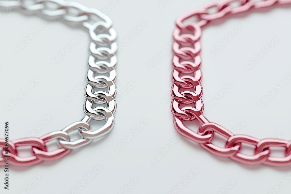 Obraz premium Silver and Pink Metallic Chains with Interlocking Links on White Background