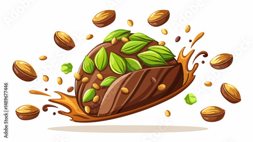 Crushed Dubai chocolate in the air isolated on a white background. Dubai chocolate is made with pistachio paste and kadayif