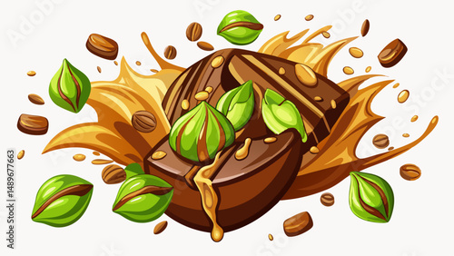 Crushed Dubai chocolate in the air isolated on a white background. Dubai chocolate is made with pistachio paste and kadayif