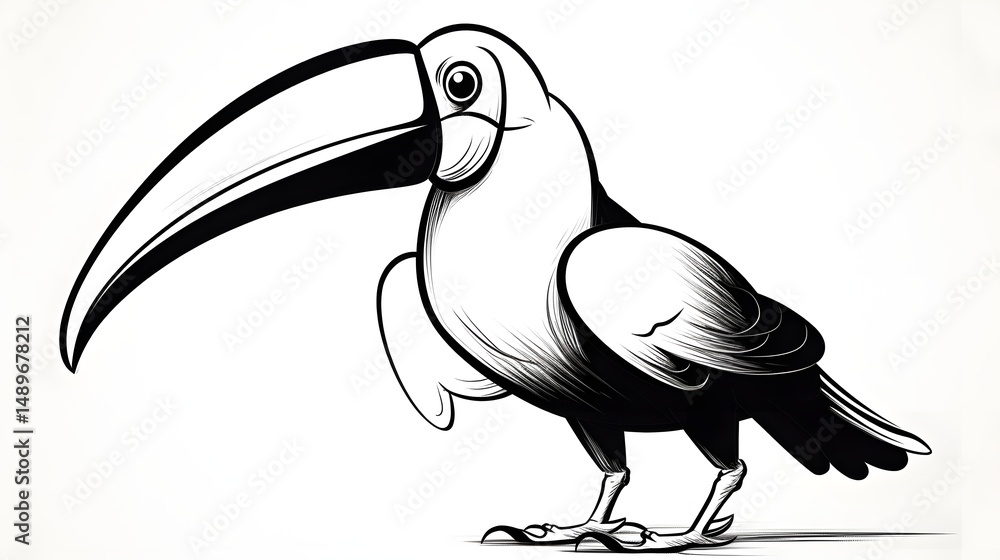Obraz premium 83. Playful cartoon toucan with large curved beak, outlined in simple bold black lines on a white background