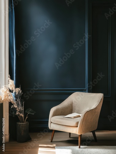 A Comfortable Chair With Book In Front of a Dark Wall