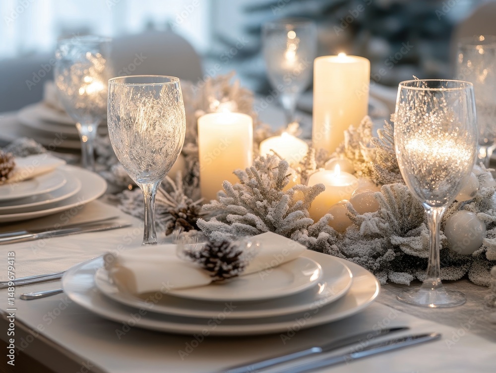 Wintery dining table arrangement with glasses and candles Wintery dining table arrangement with glasses and candles