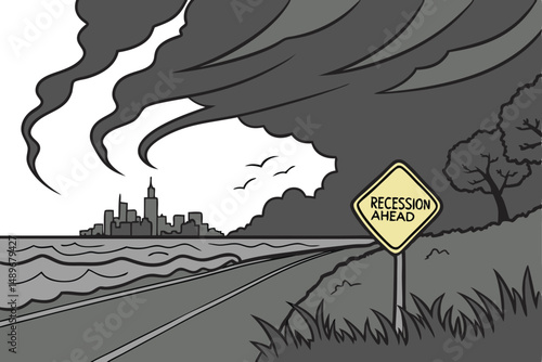 34 dramatic storm clouds, ominous receding coastline, highway leading to a city skyline, yellow road sign with RECESSION AHEAD text, post-apocalyptic, dystopian, cinematic, gloomy, moody