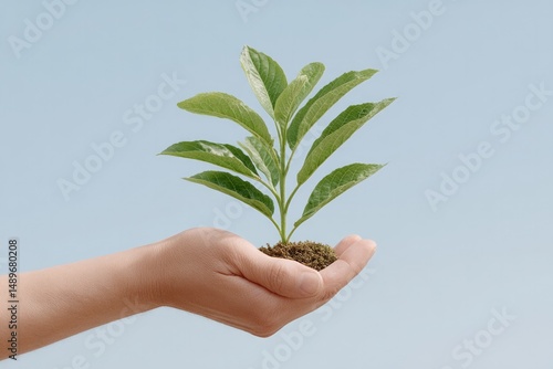 lone hand holding seedling against clear sky symbolizing hope and growth in overcoming poverty