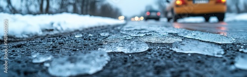 Abstract Close-Up of Ice Melting on Asphalt with Textured Surface and Urban Background
