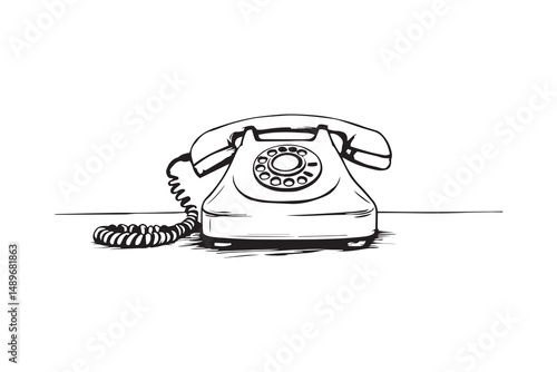 Vintage orange telephone with handset lifted line art