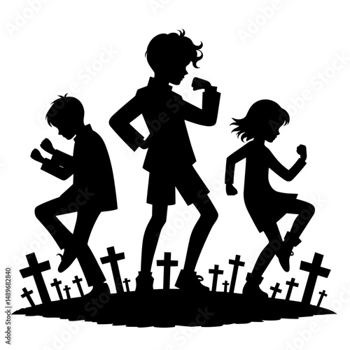 Dancing kids celebrating Halloween on graveyard