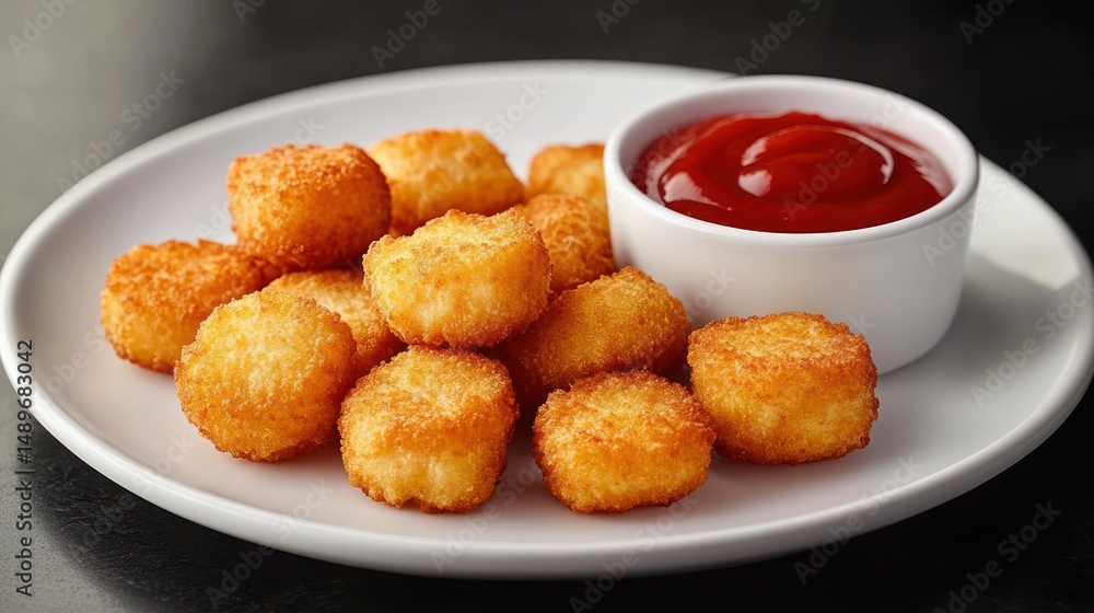 Plate of golden crispy bite-sized fried nuggets served with a small bowl of smooth bright red ketchup as dipping sauce Plate of golden crispy bite-sized fried nuggets served with a small bowl of smooth bright red ketchup as dipping sauce