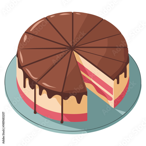 Rich chocolate tart dessert on plate isolated vector illustration on white background