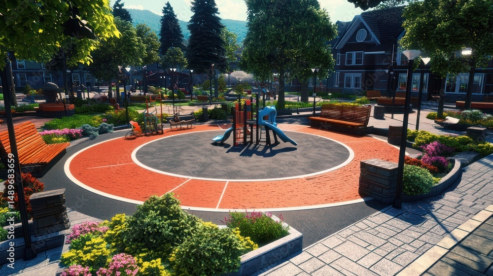 Fototapeta premium Suburban playground, children playing, houses, sunny day, landscaping, family fun