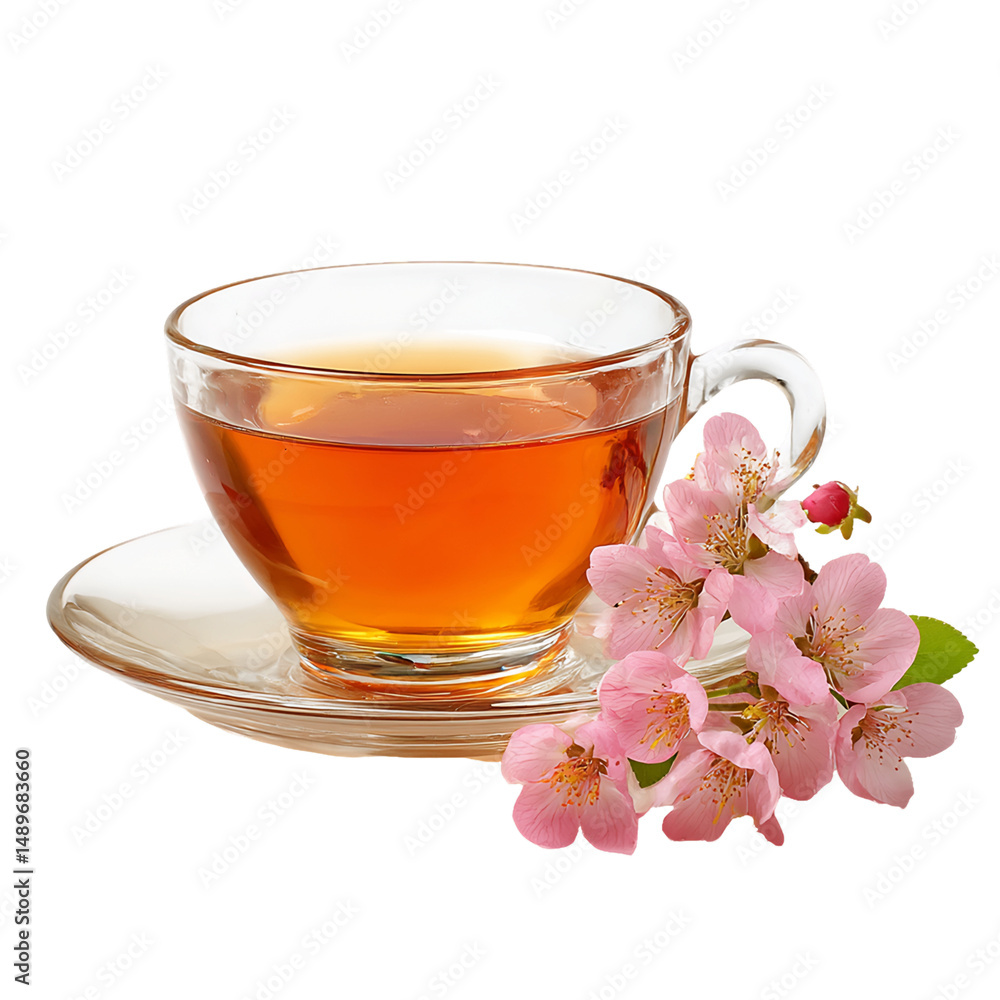 Warm Amber Tea in Clear Glass Cup with Delicate Pink Flowers, PNG Warm Amber Tea in Clear Glass Cup with Delicate Pink Flowers, PNG