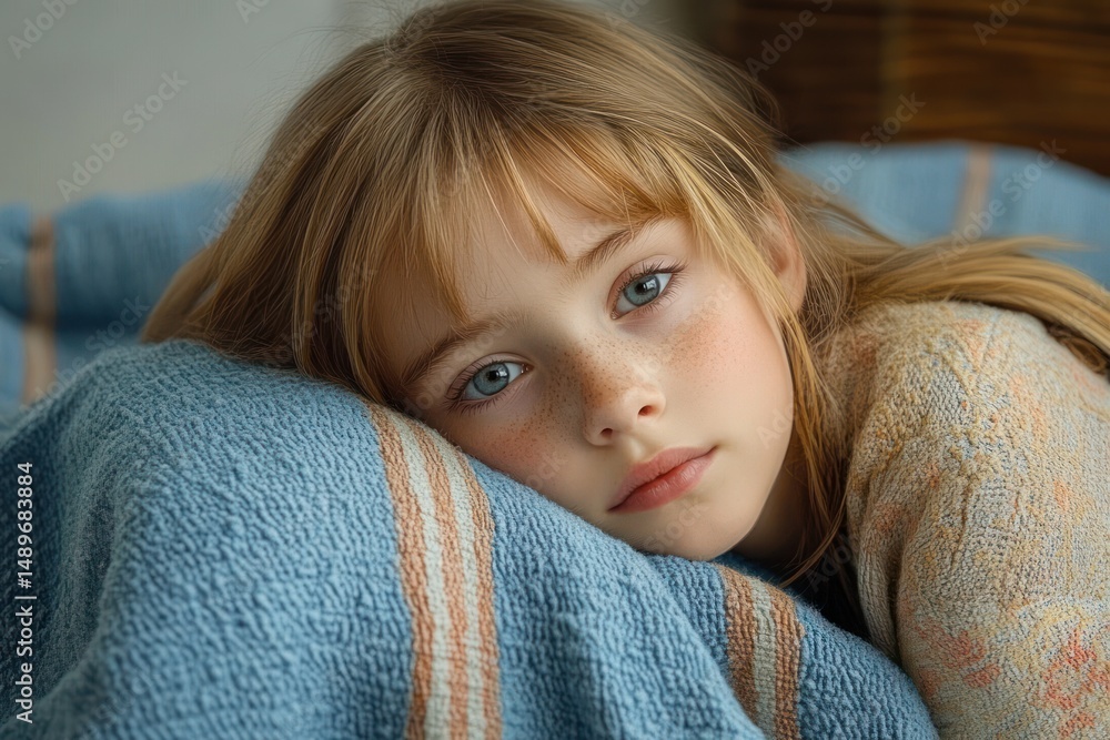 Close-up portrait of a young girl with blue eyes and freckles resting her head on a blue textured blanket, expressing calmness and contemplation Close-up portrait of a young girl with blue eyes and freckles resting her head on a blue textured blanket, expressing calmness and contemplation
