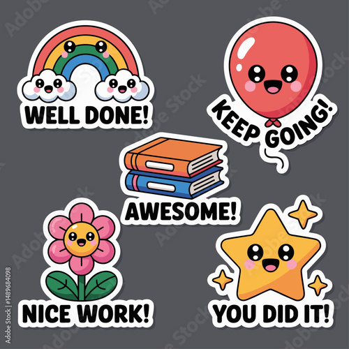Cute motivational cartoon stickers with balloon, book, star, rainbow and positive quotes for kids, school, education and encouragement materials