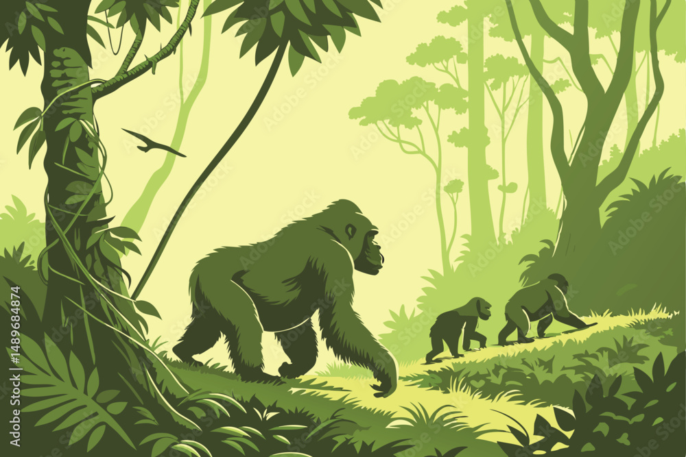 Obraz premium 37 a pack of gorillas in a lush, tropical rainforest, dense foliage, detailed realistic, cinematic lighting, national geographic, high quality, 8k