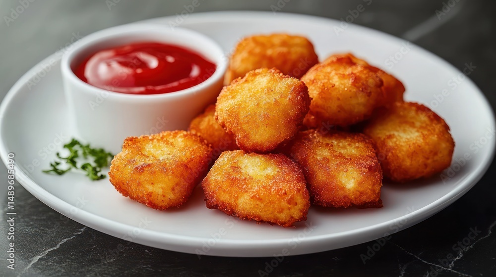 Golden crispy fried nuggets served on a white plate with a side of red ketchup and a small garnish of green herbs on a dark surface Golden crispy fried nuggets served on a white plate with a side of red ketchup and a small garnish of green herbs on a dark surface
