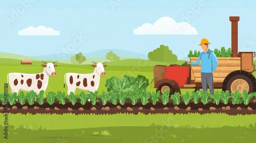 Farmer Harvesting Crops with Cattle in Field