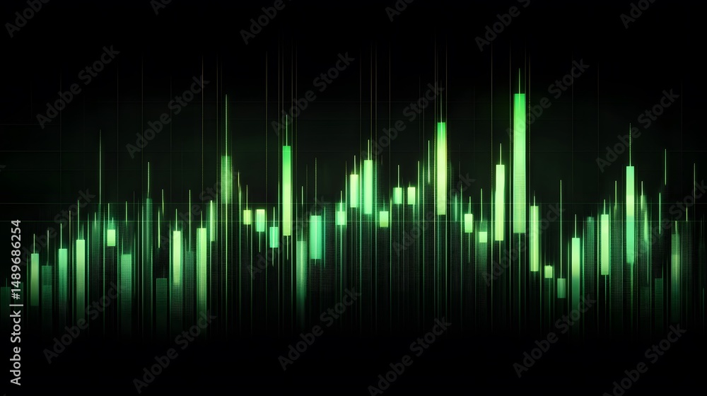 a digital stock chart showing rising trend with green candles on dark background a digital stock chart showing rising trend with green candles on dark background