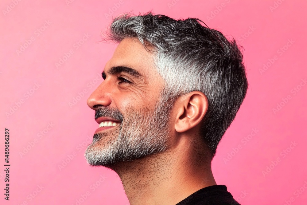 Obraz premium Concept art of style for aging men. Modish men's textured crop haircut - midlife middle eastern man with middle hair. Pink solid background. A poised man displaying elegance and charm.