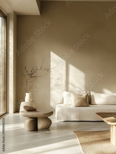 Minimalist living room showcasing a neutral palette with simple furnishings and sunlight