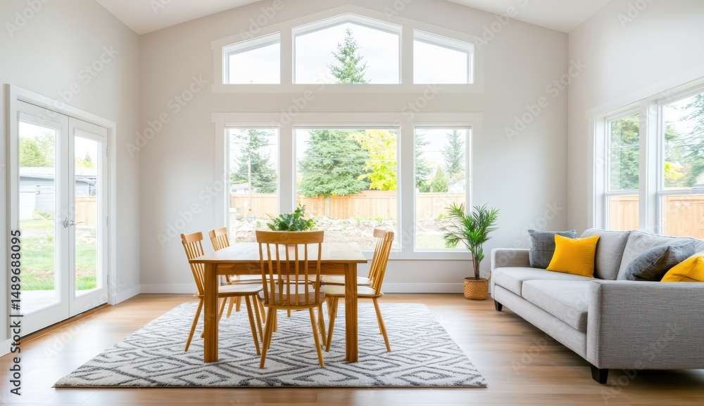 Fototapeta premium Bright and Airy Modern Living Room with Dining Area and Natural Light