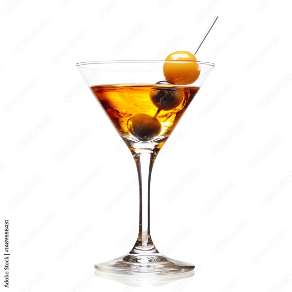 Martini glass with olives and a cocktail garnish on a colorful striped background Martini glass with olives and a cocktail garnish on a colorful striped background